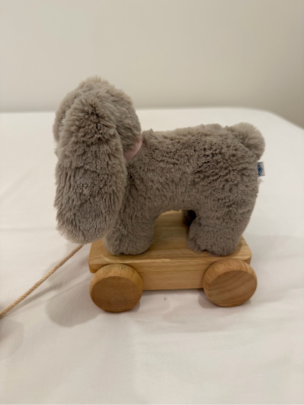 Pottery Barn Kids Gray Plush Pull-Along Bunny on Wooden Wheels
